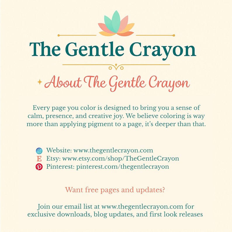 May include: Cream-coloured graphic with the text "The Gentle Crayon" in teal. Below, it reads "About The Gentle Crayon." The text describes the benefits of colouring and provides website and social media links.