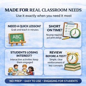 K&ouml;nnte beinhalten: Eine p&auml;dagogische Grafik mit dem Text "MADE FOR REAL CLASSROOM NEEDS". Sie zeigt Illustrationen einer Tafel, einer Uhr, Sch&uuml;lern und einem Wecker mit Texten wie "NEED A QUICK LESSON?" und "STUDENTS LOSING INTEREST?"
