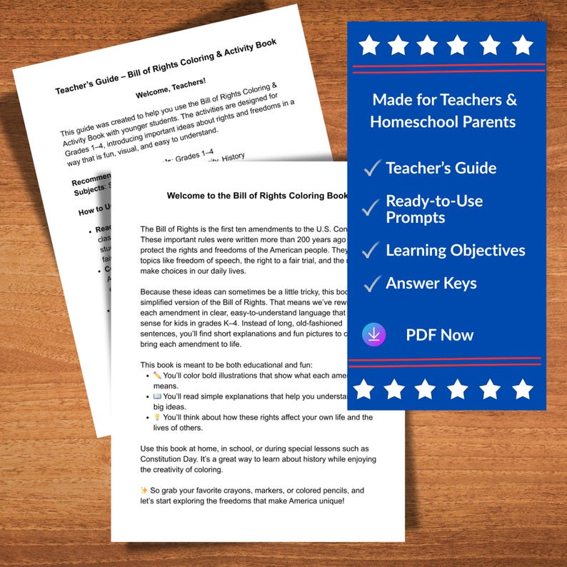 May include: A Bill of Rights coloring and activity book for grades 1-4, designed for teachers and homeschool parents. The book includes a teacher's guide, ready-to-use prompts, learning objectives, and answer keys. The book is available as a PDF download.