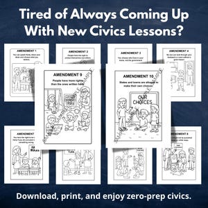 May include: A collection of black and white civics lesson printables. The image includes text that reads "Tired of Always Coming Up With New Civics Lessons?" and "Download, print, and enjoy zero-prep civics."