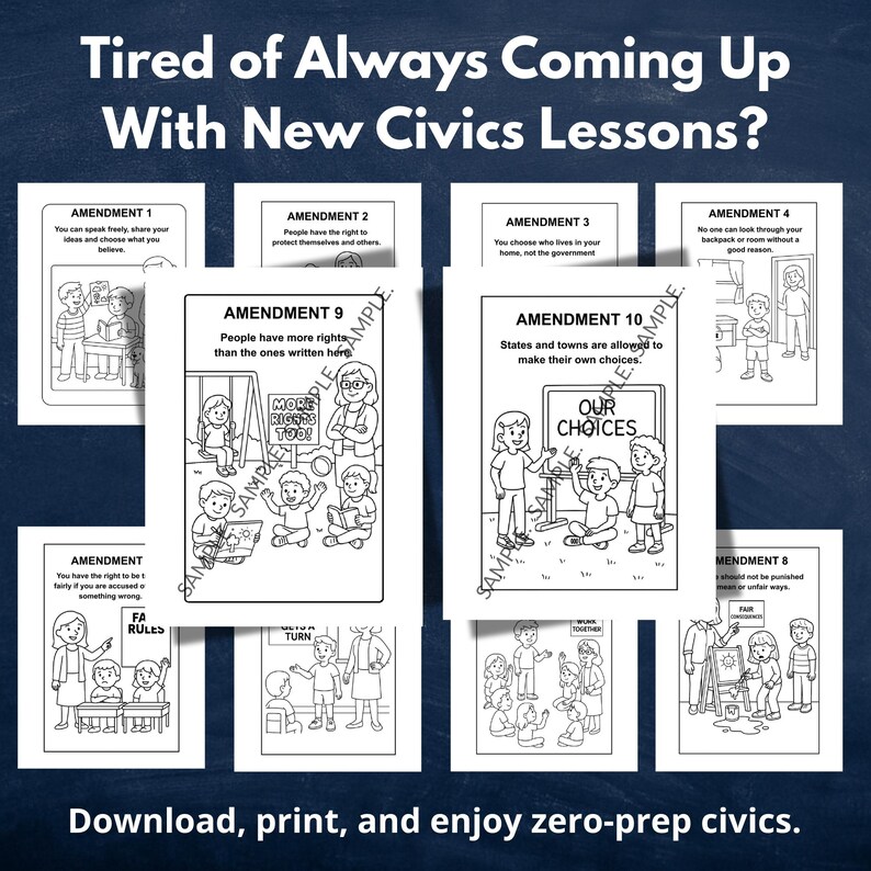 May include: A collection of black and white civics lesson printables. The image includes text that reads "Tired of Always Coming Up With New Civics Lessons?" and "Download, print, and enjoy zero-prep civics."