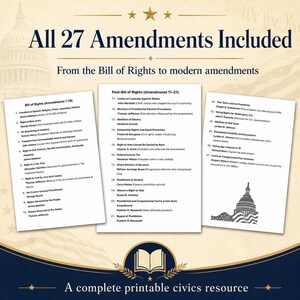 Peut inclure: Une ressource civique imprimable intitul&eacute;e All 27 Amendments Included, pr&eacute;sentant trois pages blanches &eacute;num&eacute;rant les amendements 1 &agrave; 27 avec leur contexte historique. Le texte inclut Bill of Rights, Post-Bill of Rights et des d&eacute;tails.