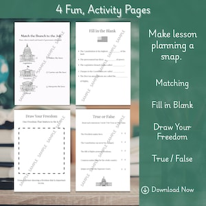 May include: Four educational activity pages with the text "4 Fun, Activity Pages." The pages include matching, fill-in-the-blank, drawing, and true/false exercises. The text "Make lesson planning a snap" is also visible.