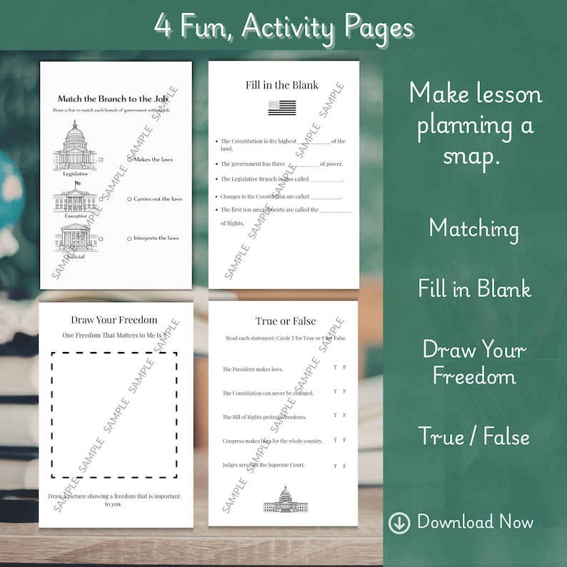 May include: Four educational activity pages with the text "4 Fun, Activity Pages." The pages include matching, fill-in-the-blank, drawing, and true/false exercises. The text "Make lesson planning a snap" is also visible.