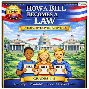 May include: An educational illustration titled "How a Bill Becomes a Law." The image shows three children holding signs that say "Bill." The background includes the U.S. Capitol building. The text "Grades 4-5" is also visible.
