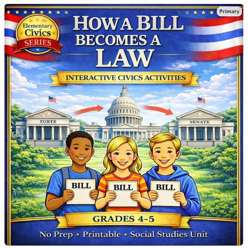 K&ouml;nnte beinhalten: Eine farbenfrohe Illustration mit dem Titel &bdquo;Wie ein Gesetz entsteht&ldquo;. Das Bild zeigt drei l&auml;chelnde Kinder, die Schilder mit der Aufschrift &bdquo;Bill&ldquo; halten. Der Hintergrund zeigt das US-Kapitol und den Text &bdquo;Grades 4-5&ldquo;.