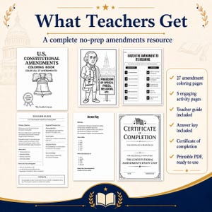 Peut inclure: Une ressource &eacute;ducative num&eacute;rique intitul&eacute;e What Teachers Get, comprenant un livre de coloriage sur les amendements constitutionnels am&eacute;ricains, des pages d'activit&eacute;s, un guide p&eacute;dagogique, un corrig&eacute; et un certificat, en noir et blanc.