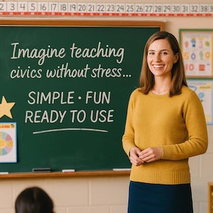 May include: A woman stands in front of a chalkboard with the text "Imagine teaching civics without stress... SIMPLE &bull; FUN READY TO USE." She wears a mustard yellow sweater and a navy blue skirt. A wooden ruler is above the chalkboard.