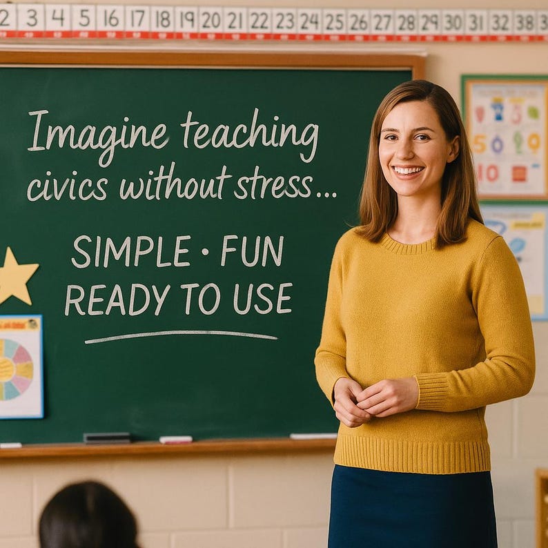 May include: A woman stands in front of a chalkboard with the text "Imagine teaching civics without stress... SIMPLE &bull; FUN READY TO USE." She wears a mustard yellow sweater and a navy blue skirt. A wooden ruler is above the chalkboard.