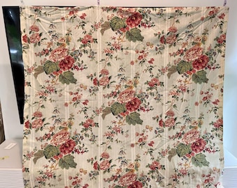 Vintage Lee Jofa Cotton Fabric Remnant: Cottage Garden Stripe, Yellow on Blue (52x47 inches)