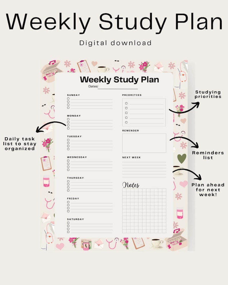 Weekly Study Planner for Healthcare Students | Printable PDF | Study ...