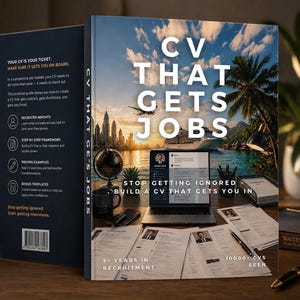 Könnte beinhalten: Ein Buch mit dem Titel "CV That Gets Jobs" mit einer Küstenlandschaft im Hintergrund. Der Titel steht in großen weißen Buchstaben. Das Bild zeigt einen Laptop mit einem Lebenslauf und dem Text "Stop Getting Ignored". Eine schwarze Tasse mit dem Text "Focus Plan Achieve".