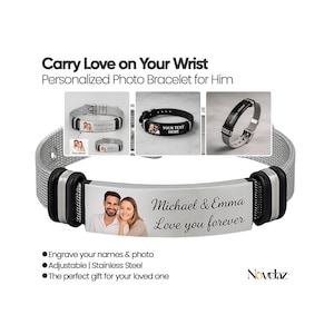 Gepersonaliseerde fotoarmband voor mannen, gegraveerde naam en afbeelding, verstelbare armband van roestvrij staal, cadeau voor hem, vader, vriend