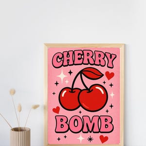 Cherry Wall Art Print - Retro Y2K Digital Download - Cute Coquette Kitchen Decor - Pink and Red Girly Aesthetic Poster - Instant Download