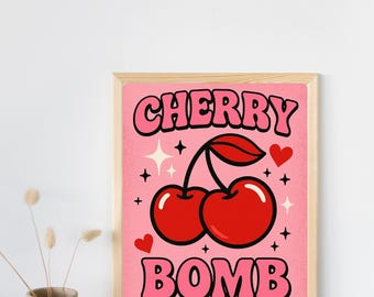 Cherry Wall Art Print - Retro Y2K Digital Download - Cute Coquette Kitchen Decor - Pink and Red Girly Aesthetic Poster - Instant Download