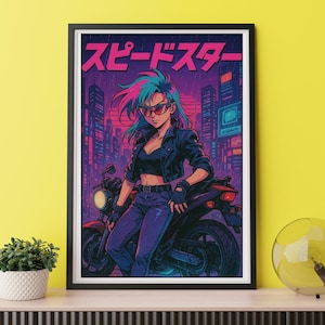 90s Retro Anime Poster: Cyberpunk Motorrad Mädchen Kunst