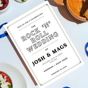 Convite de Casamento Rock N Roll – Convite Minimalista Preto e Branco Impresso em A5 | Cartão 350gsm com Envelopes | Papelaria Personalizada para Casamento