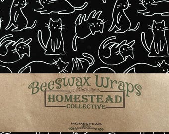 Halloween Black Cat 3Pack 10x10 Beeswax Food Wraps Rendered from local bee hives! Set of 3 reusable beeswax wraps, ecofriendly storage gift.