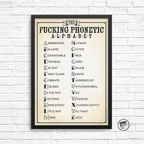 Fucking Phonetic Alphabet A4 Print, Swear Words Poster, Obscene Wall Art, Print only, Birthday Gift, Bathroom Print, Funny Home Office Art