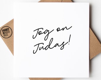Carte de départ minimaliste Jogging on Judas, déménagement, carte de nouveau départ, carte de porte-bonheur traître, cadeau de félicitations pour nouvel emploi, collègue de travail, carte de départ