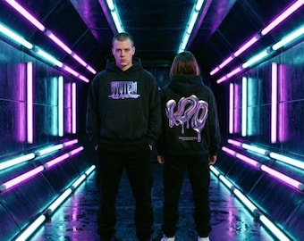 Vintage Black Boxy Hoodie, Liquid Metal Chrome Graphic, Cyber Y2K Streetwear Pullover