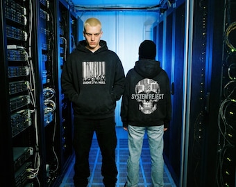 Vintage Black Hoodie, Barcode Skull Graphic, Cyberpunk Streetwear, System Reject Pullover