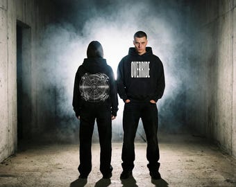 Vintage Black Boxy Hoodie, Berlin Techno Streetwear, Glitch Graphic Pullover