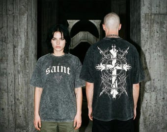 Saint Graphic Tee, Barbed Wire Cross Shirt, Cyber Sigilism Top, Opium Core Streetwear, Acid Wash Y2K Dark Grunge Fashion