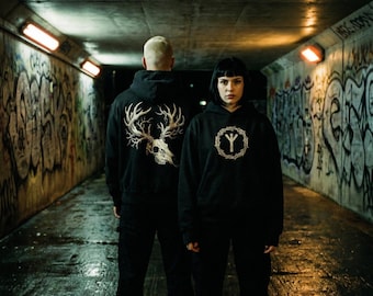 Nordic Pagan Boxy Hoodie, Algiz Rune Streetwear, Stag Skull Pullover, Neo Folklore Fashion, Occult Grunge Clothing, Heavyweight Y2K