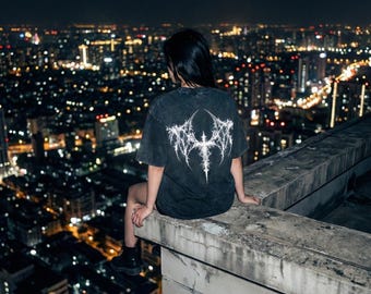 Acid Wash Gothic Tee, Cyber Sigilism Bat Wings, Y2K Rave Top