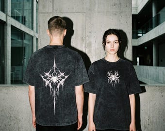 Cyber Sigilism Spider Graphic Tee, Brutalist Streetwear, Y2K Gothic Oversized Heavyweight Acid Wash Top