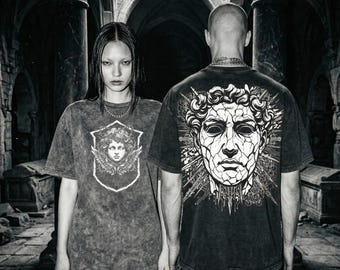 Shattered Statue Graphic Tee, Dark Renaissance Shirt, Cyber Sigilism Top, Opium Core Streetwear, Acid Wash Y2K Grunge Fashion