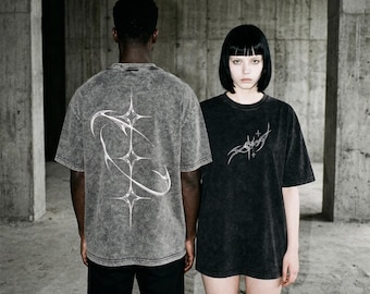 Cyber Sigilism Star Graphic Tee, Brutalist Streetwear, Y2k Grunge Oversized Heavyweight Acid Wash Top