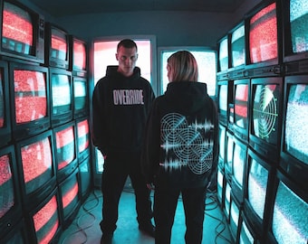 Vintage Black Boxy Hoodie, Cyber Glitch Graphic, Chromatic Aberration Streetwear Pullover