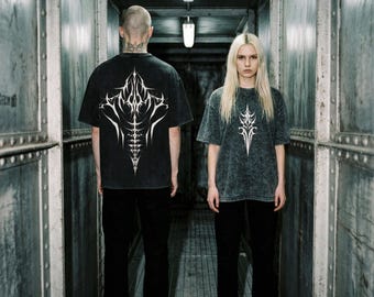Cyber Sigilism Blade T-Shirt, Neo Tribal Oversized Heavyweight Acid Wash Graphic Tee, Brutalist Streetwear