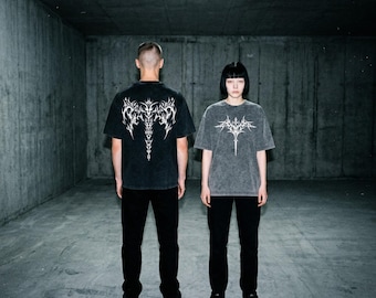 Oversized Graphic Tee, Neo Tribal Spine, Heavyweight Acid Wash Top, Y2K Gothic Streetwear
