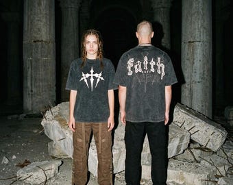Faith Over Fear Graphic Tee, Gothic Cross Shirt, Cyber Sigilism Top, Opium Core Streetwear, Acid Wash Y2K Dark Grunge Fashion