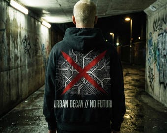 Urban Decay Boxy Hoodie, Cyberpunk Circuit Board Pullover, Dystopian Techwear Streetwear