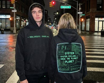 Vintage Black Hoodie, Terminal Code Graphic, Cyberpunk Streetwear, Retro Computer Pullover