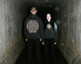 Cursed Runic Hoodie, Nordic Pagan Streetwear, Heavyweight Cotton Fleece Pullover
