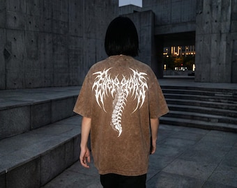 Acid Wash T-Shirt, Chrome Tribal Wings Print, Y2K Boxy Tee