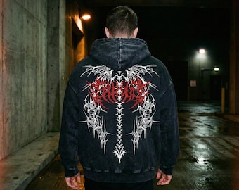 Heavyweight Acid Wash Hoodie, Cyber Sigilism Print, Gothic Streetwear Pullover