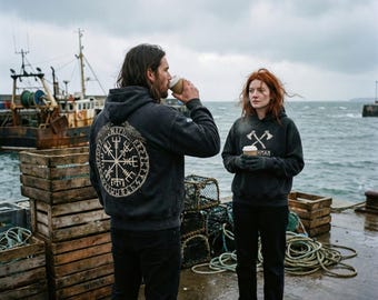 Nordic Vegvisir Compass Hoodie, Odin Raven Streetwear, Viking Axe Pullover