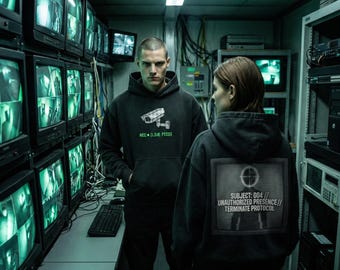 Vintage Black Hoodie, CCTV Surveillance Graphic, Cyberpunk Streetwear Pullover