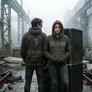 May include: Two people wearing distressed brown hoodies with the word "TEKLOKK" printed on the front. The back of one hoodie features a graphic of a helmet and barbed wire. The hoodies have a worn, ripped design.