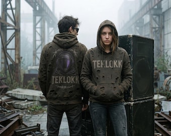 Distressed TEKLOKK Hoodie, Post Apocalyptic Cyberpunk Pullover, Ripped Techno Grunge Clubwear