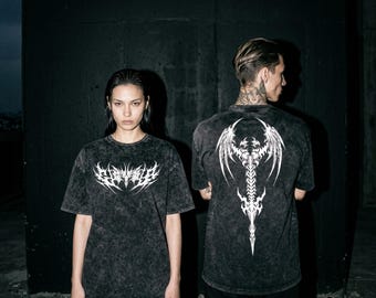 Skeletal Dragon Spine Tee, Cyber Sigilism Graphic Shirt, Black Metal Opium Core Top, Dark Fantasy Y2K Grunge Fashion
