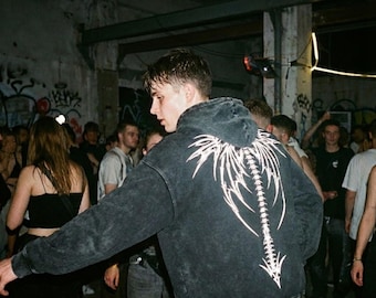 Cyber Sigilism Spine Hoodie, Acid Wash Bio-Mechanical Skeleton Jumper, Grunge Streetwear