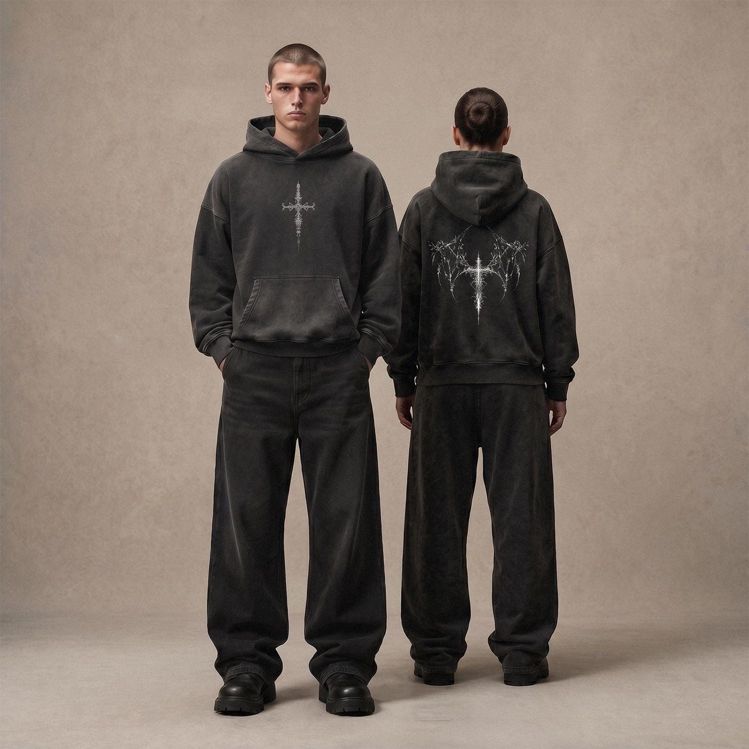 Heavyweight Acid Wash Hoodie, Cyber Sigilism Winged Cross, Opium