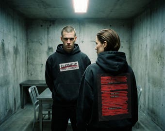 Classified Leak Archive Hoodie, Redacted Graphic, Y2K Cyberpunk Pullover
